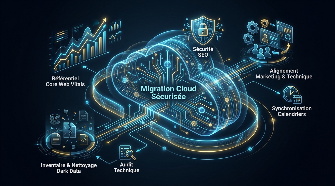 Infographie détaillant les étapes clés pour sécuriser son SEO lors d'une migration cloud d'envergure