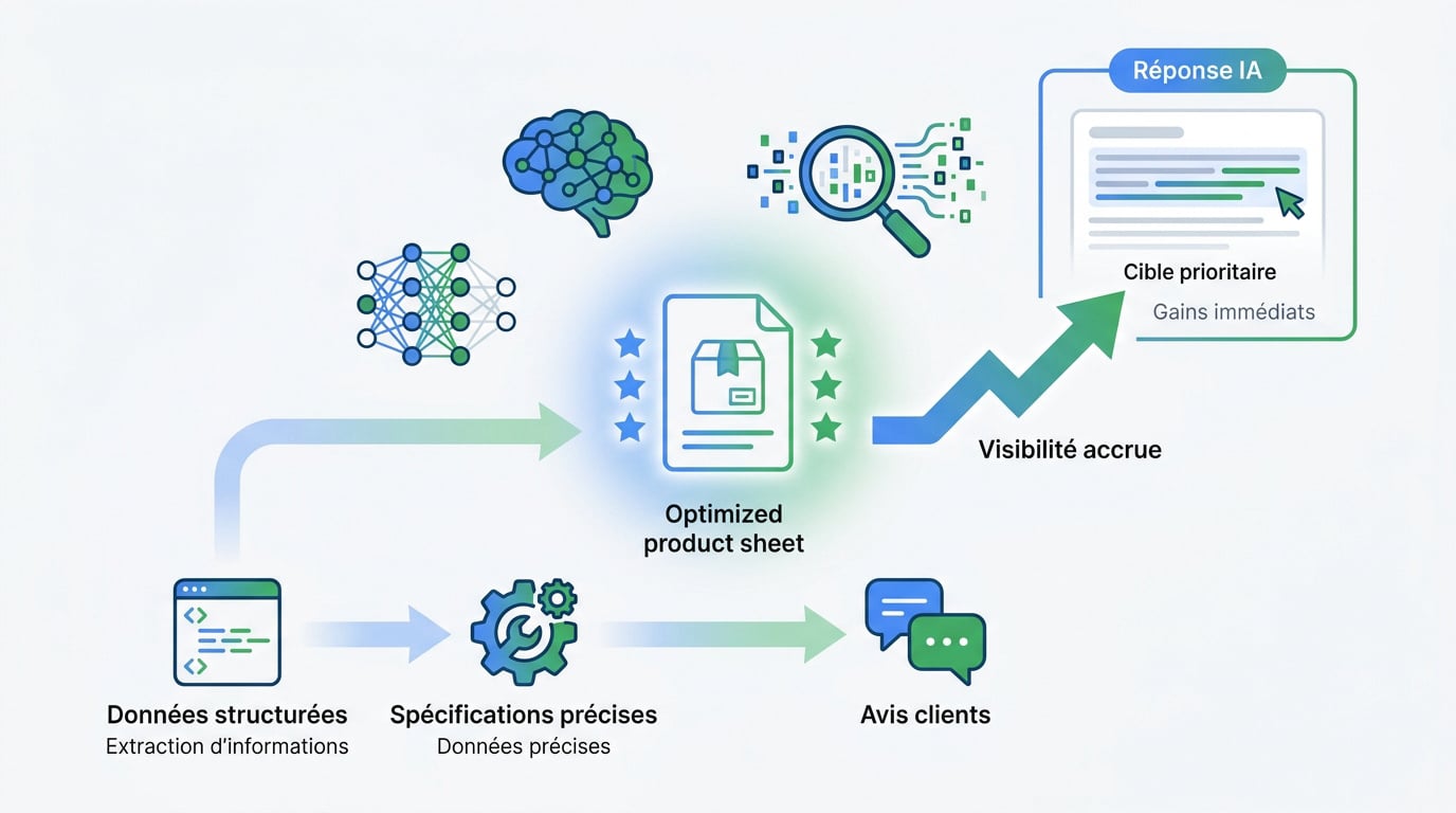 Schéma du parcours d'une fiche produit vers les Google AI Overviews
