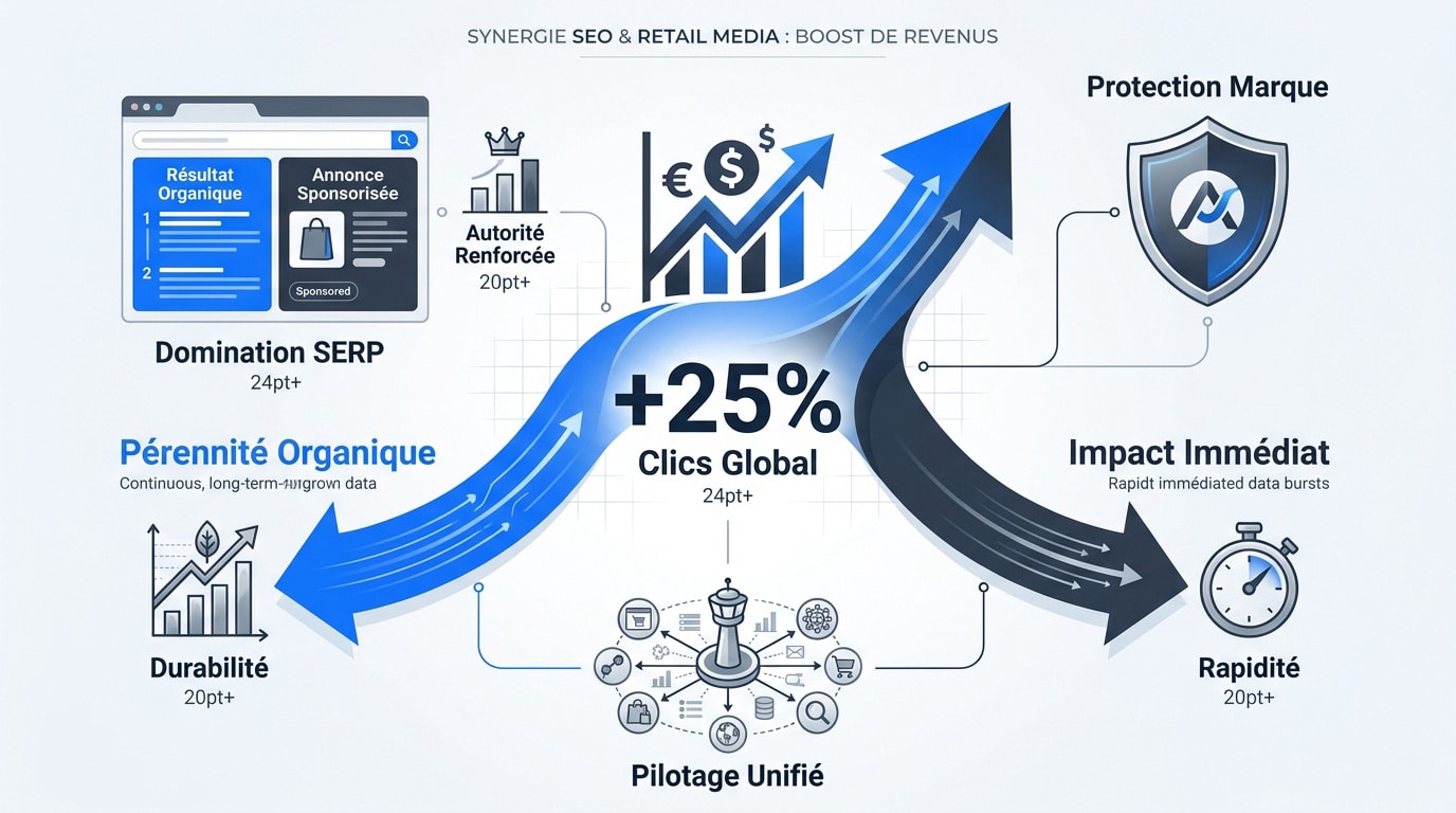 Graphique illustrant la croissance des revenus grâce à la synergie SEO et retail media