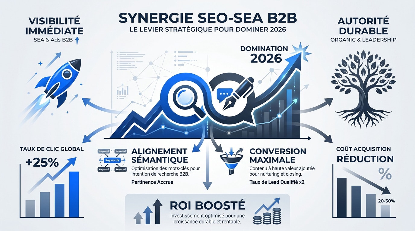 Graphique illustrant la synergie entre le SEO et le SEA pour le marketing B2B en 2026