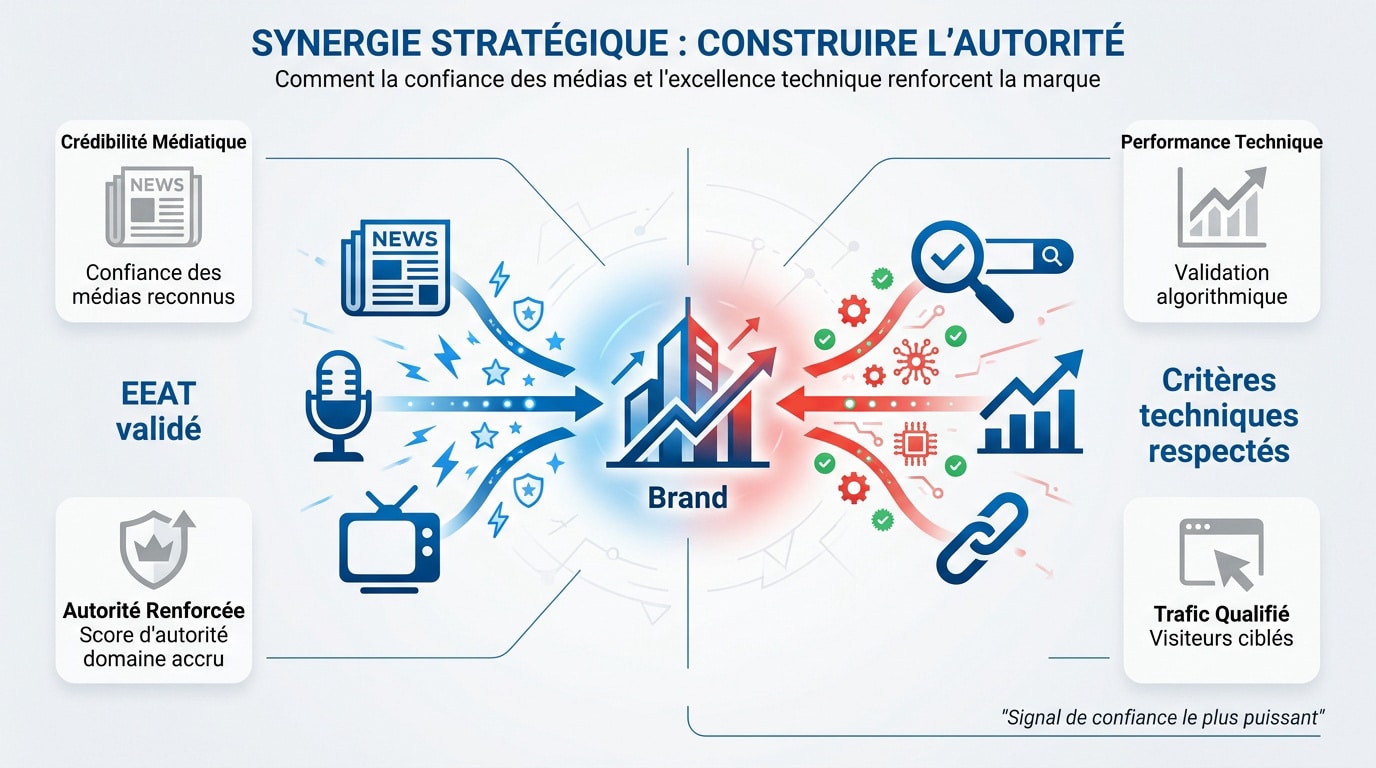 Schéma de la synergie entre relations presse et autorité SEO pour les grands comptes