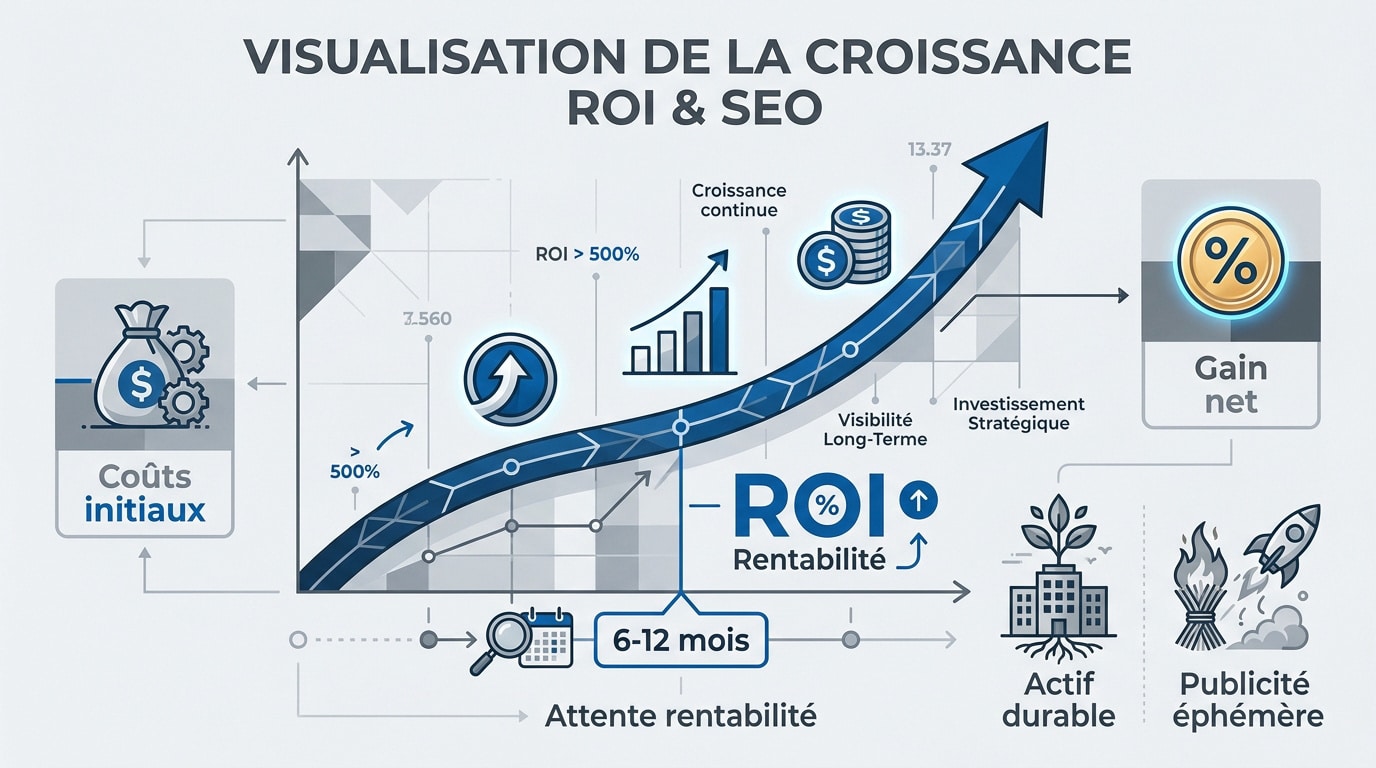 Graphique montrant la croissance durable du ROI SEO comparée à la publicité payante