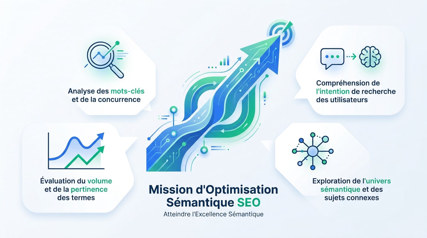 Infographie détaillant les critères de sélection pour un outil d'audit sémantique SEO incluant volume, intention et autorité thématique
