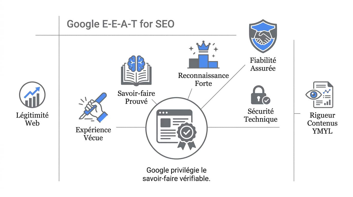Infographie détaillant les piliers Experience Expertise Authoritativeness Trustworthiness pour le SEO Google
