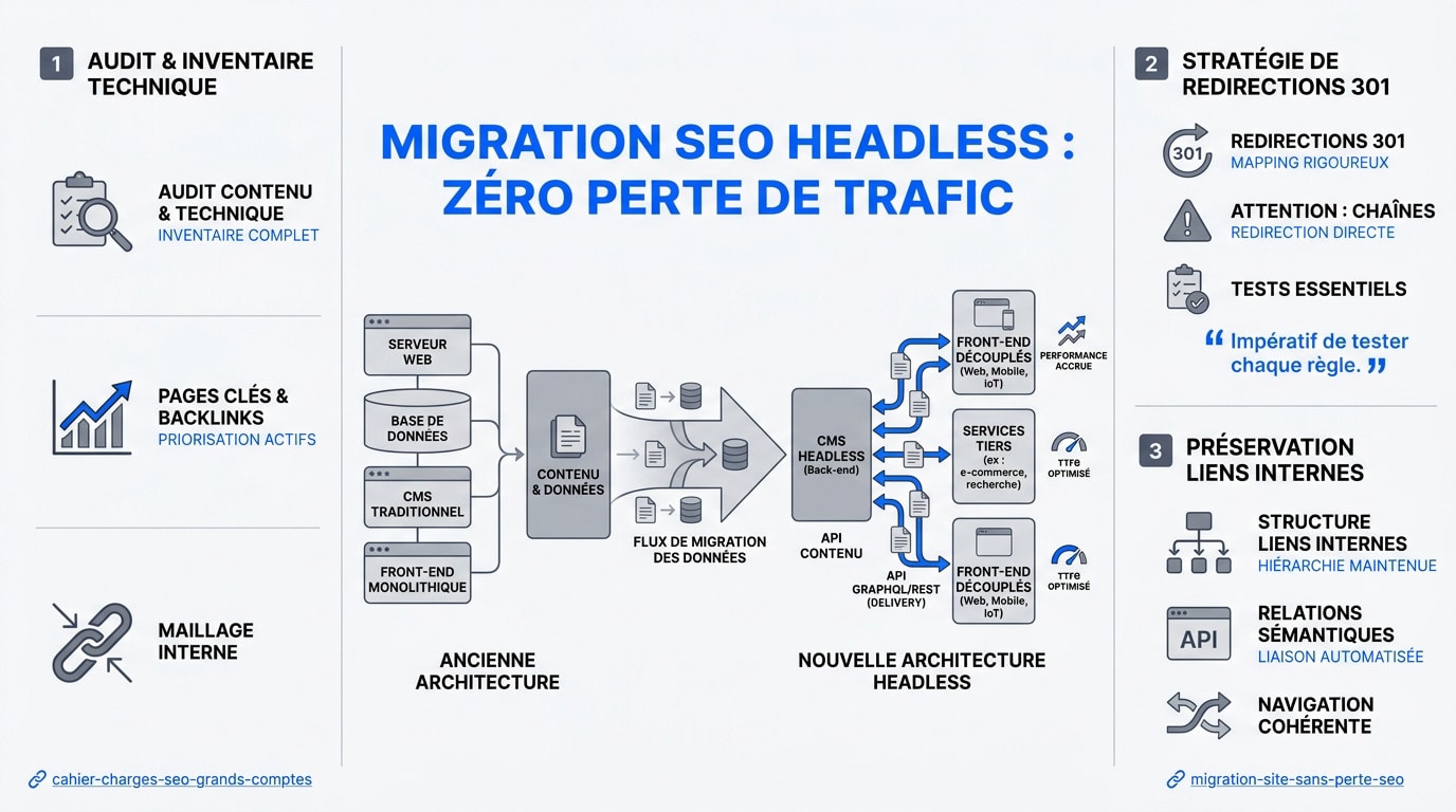Infographie détaillant les étapes d'une migration SEO vers un CMS headless sans perte de trafic