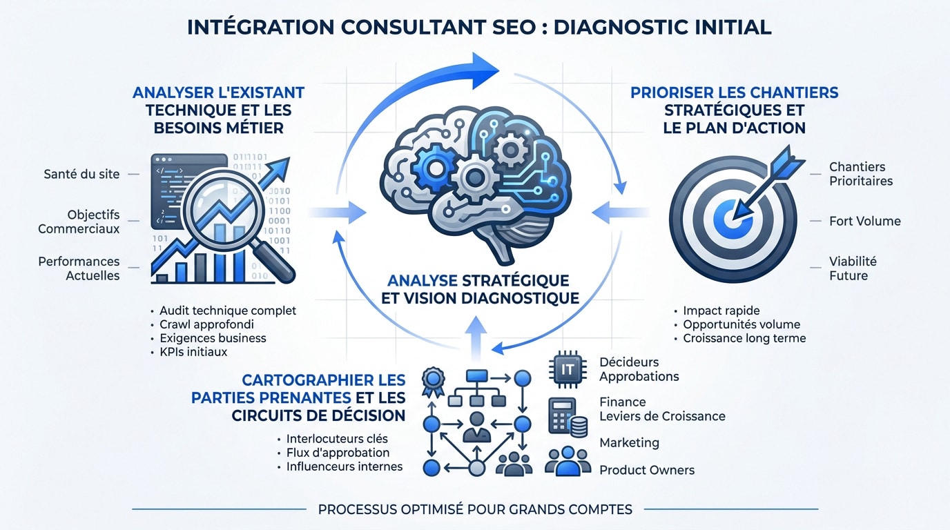 Consultant SEO analysant des données techniques pour un grand compte lors de son onboarding