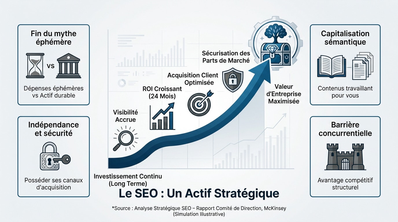Schéma illustrant le SEO comme un actif stratégique pour la valorisation patrimoniale de l'entreprise