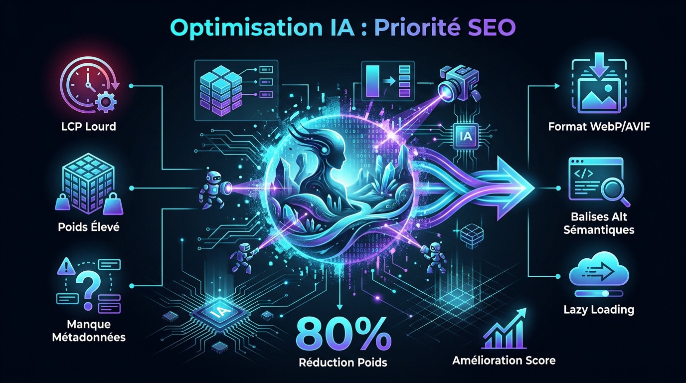 Schéma technique montrant l'optimisation des images IA pour le SEO et l'impact sur les Core Web Vitals