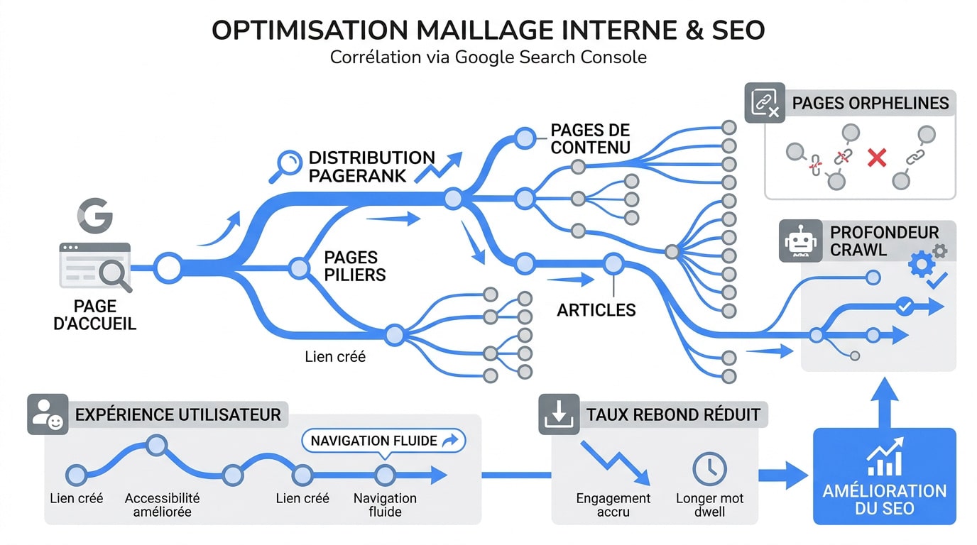 Interface Google Search Console analysant le maillage interne et les liens pour le SEO