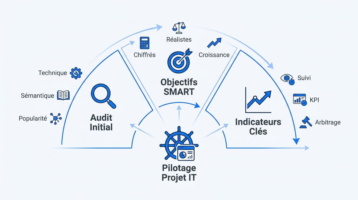 Schéma stratégique du pilotage SEO incluant audit technique et objectifs SMART