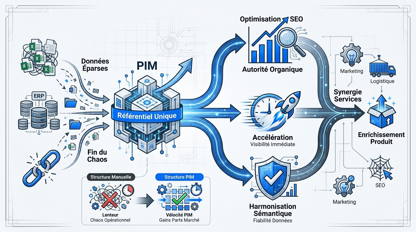 Schéma de l'optimisation SEO via une solution PIM pour les entreprises grands comptes