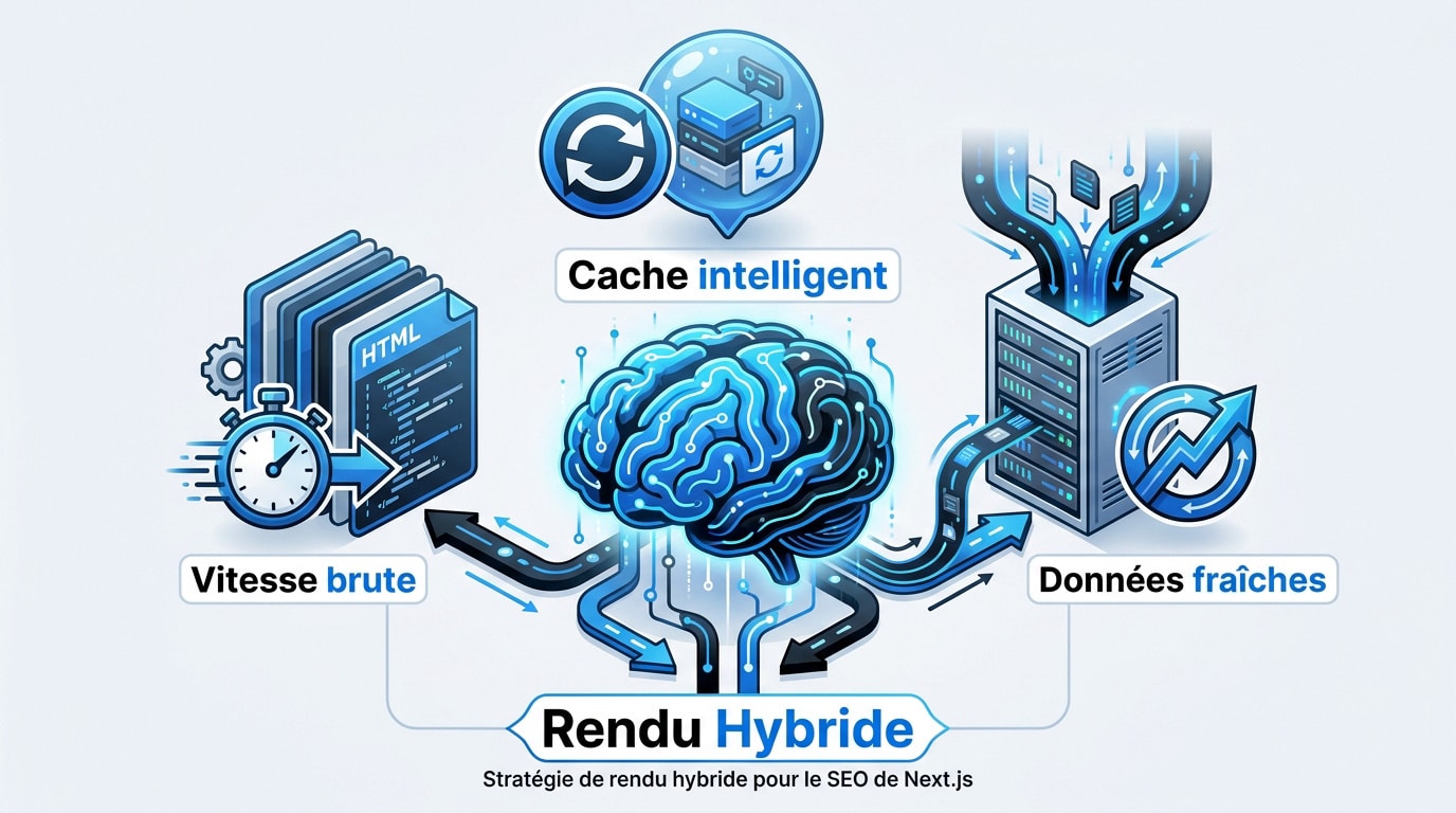 Schéma de la stratégie de rendu hybride SSR SSG et ISR avec Next.js