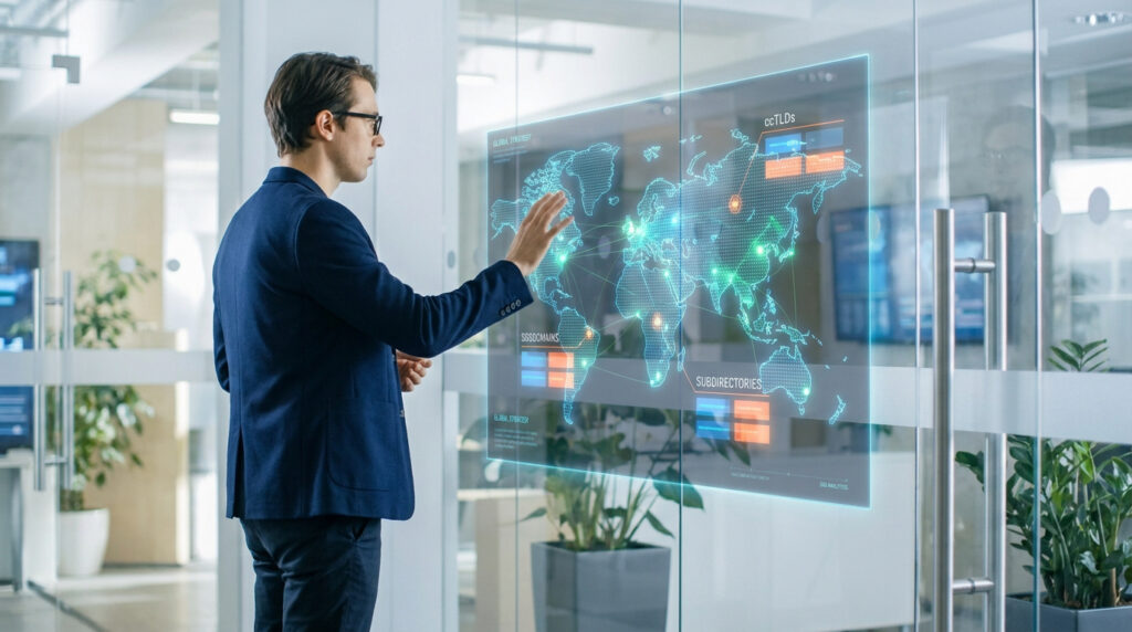 Un professionnel en costume interagit avec une carte du monde numérique holographique affichant des stratégies SEO.