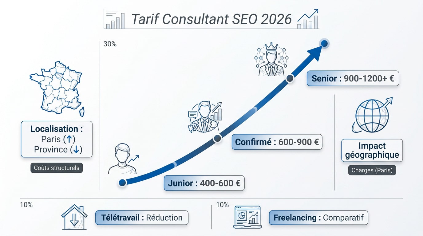Graphique des tarifs moyens des consultants SEO en 2026 selon l'expérience et la localisation
