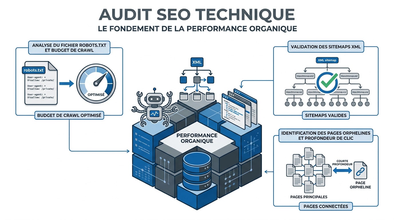 Schéma technique illustrant les piliers d'un audit SEO pour sites complexes