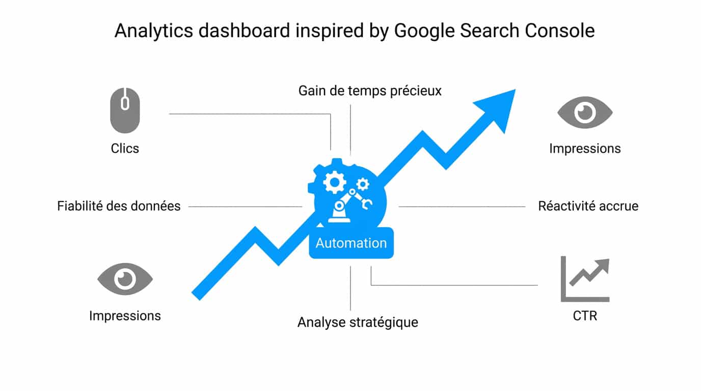 Tableau de bord analytique illustrant l'automatisation du reporting SEO et la croissance des données