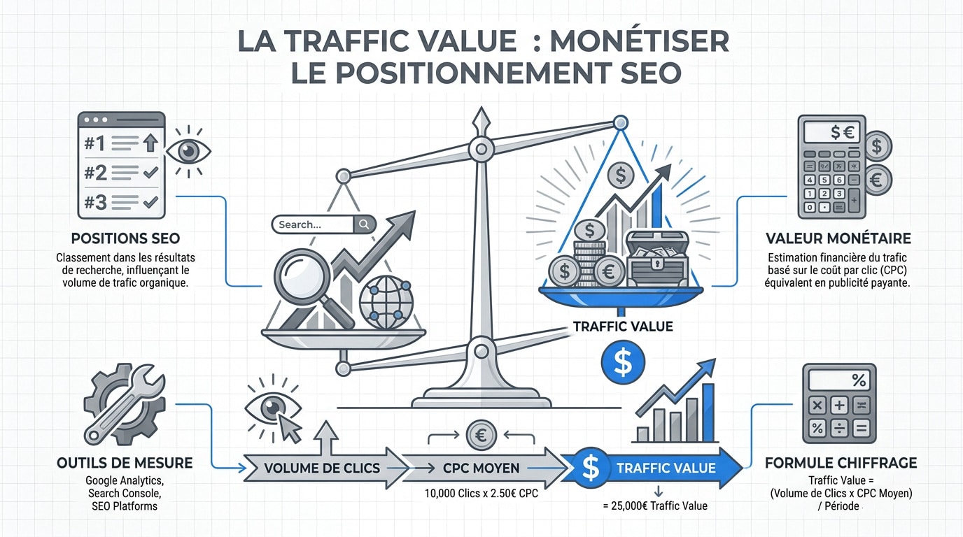 Graphique illustrant la monétisation du positionnement SEO et la valeur du trafic organique